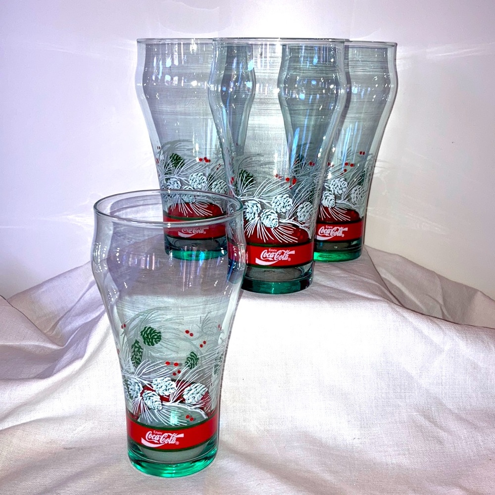Set of Four Vintage Coca Cola Holiday Pine Bough Glasses